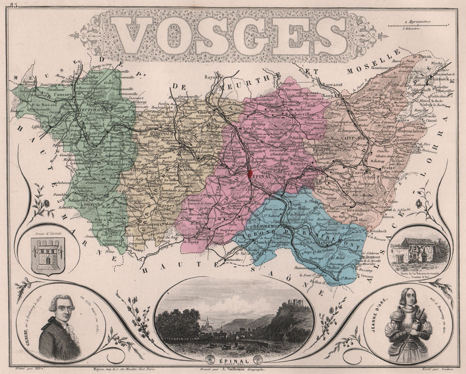 VOSGES. Département. Épinal. Gilbert. Jeanne d'Arc. VUILLEMIN 1879 old map